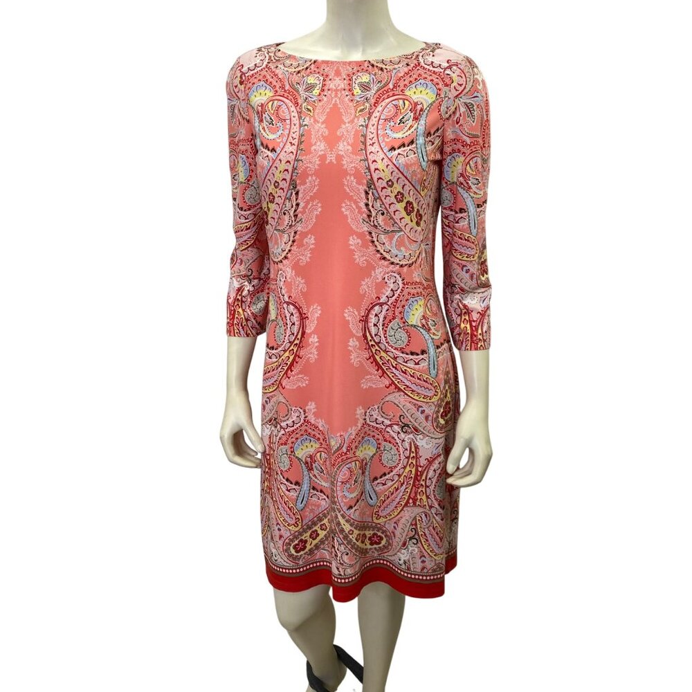 London Times Paisley Print 3/4 Sleeve Dress Size 8 Coral/Multi-Color Size 8
